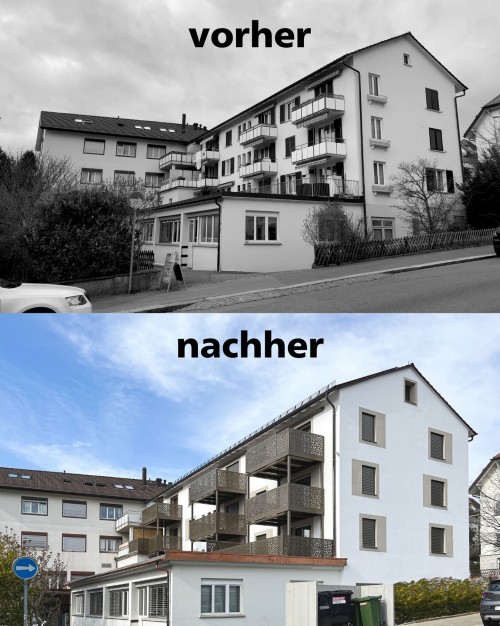 Mehr Raum, neue Wirkung. Durch die neuen Balkonanbauten erhält das Mehrfamilienhaus an der Rotackerstrasse 23 in Wallise...